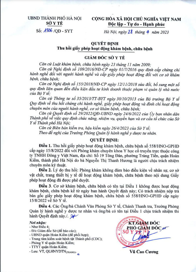 Sở Y Tế Hà Nội thu hồi giấy phép hoạt động khám bệnh, chữa bệnh của công ty TNHH Đông Y Việt Nam