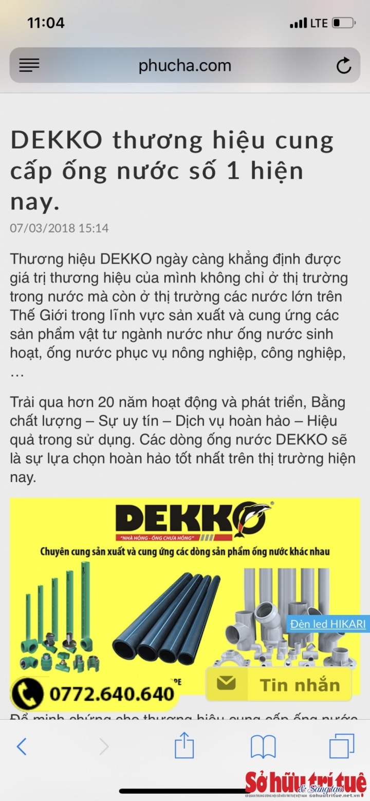 Ống nhựa DEKKO: Vi phạm Luật Quảng cáo, tự phong số 1 hiện nay?